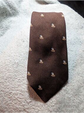 Vintage Mag Brown Tie With Miniature Ship Pattern 100% Polyester Mens Neckwear